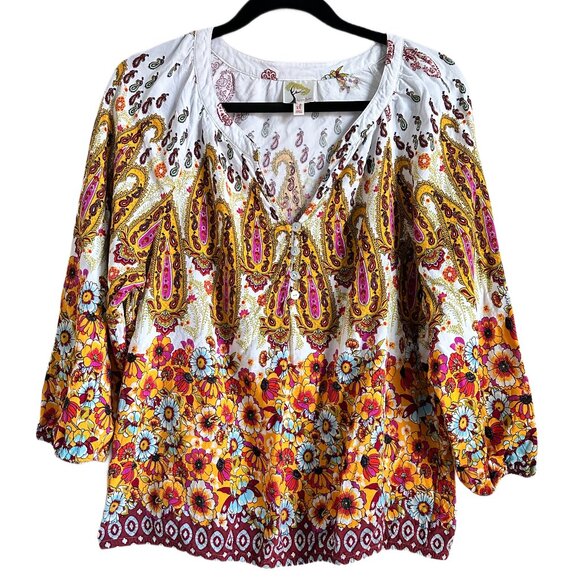 Fig & Flower Paisley Peasant Top Elastic Waist & 3/4 Sleeves sz XL Anthropologie - Picture 1 of 8